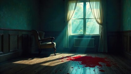 A dimly lit room, a single overturned chair near a pool of blood on the hardwood floor; a dramatic crime scene , floor, interior, forensic