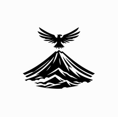 Obraz premium Minimalist Black Vector Logo of Mountain with Flying Garuda and Mist Isolated on White Background 