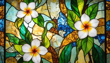 Vibrant stained glass window features white plumeria flowers with green leaves against colorful mosaic background. Intricate floral pattern in shades of blue, green, yellow, amber glass creates