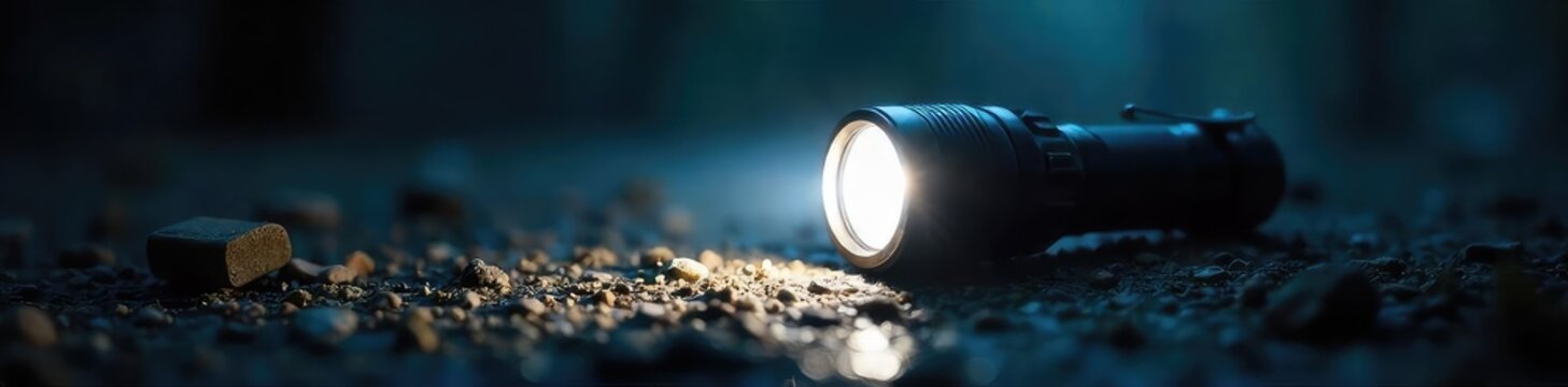 A powerful LED torch flashlight beam cuts through the darkness, illuminating a mysterious, shadowy scene Perfect for safety, adventure, or survival themed projects , intense, rescue, hiking
