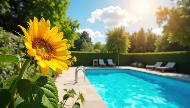 A refreshing summer scene featuring vibrant sunflowers in full bloom, a cool blue swimming pool, and lush green foliage under a bright, sunny sky  Perfect for summer vacation themes , green, happy