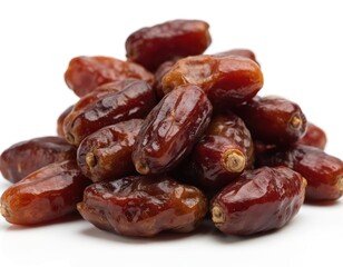 Obraz premium Pile of sweet, dark, dried dates isolated on white background. These natural, organic fruits offer a healthy, delicious snack or dessert ingredient, embodying traditional Arabian food and culture.