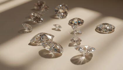 Loose diamonds of various cuts, sizes scattered on light surface. Dramatic shadows cast by gems add depth, highlight brilliance. Arrangement suggests luxury, value, meticulous process of diamond