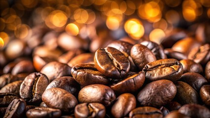 Obraz premium Closeup of roasted coffee beans with a blurred warm bokeh background