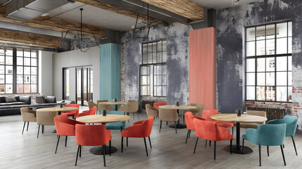 Fototapeta premium Trendy industrial-chic restaurant interior with colorful seating, round tables, distressed walls, and exposed concrete ceilings, offering a modern and inviting atmosphere for dining or lounge.