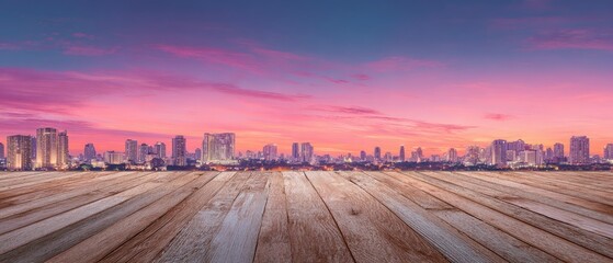 Cityscape at Sunset on Wooden Deck