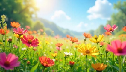 Fototapeta premium A vibrant sunlit field of wildflowers swaying gently in the breeze, embodying the feeling of carefree joy and serene contentment , happy, bloom, vibrant