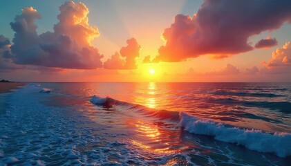 A vibrant sunrise over a tranquil ocean, reflecting the golden light and promising a joyful day Perfect for themes of optimism, serenity, and new beginnings , day, fresh, sky