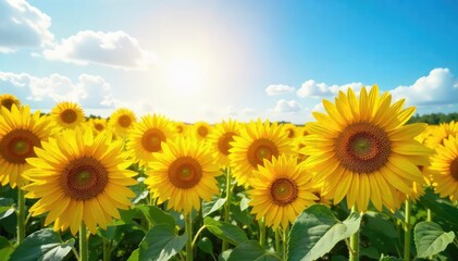 Fototapeta premium A vibrant yellow field of sunflowers stretches towards a bright, hopeful sky, conveying optimism and summer joy The image evokes feelings of warmth, positivity, and renewal , bright colors, leaves