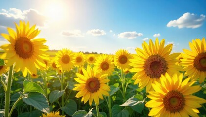 Fototapeta premium A vibrant yellow field of sunflowers stretches towards a bright, hopeful sky, conveying optimism and summer joy The image evokes feelings of warmth, positivity, and renewal , growth, plant, green