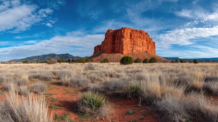 Vast desert landscape with red rock monolith