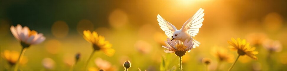 Obraz premium Golden hour sunlight bathes a pair of delicate, white wings in a field of wildflowers A gentle breeze rustles through the petals, creating a serene summer scene , dreamlike, celestial, divine