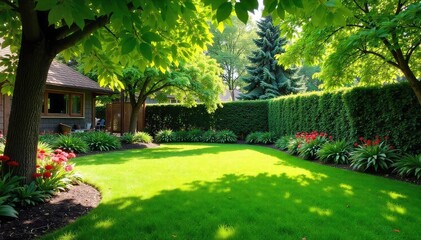 Serene backyard oasis featuring lush green lawn, vibrant flowerbeds, and mature trees providing ample shade  Perfect for relaxation and outdoor enjoyment ,  lawn,  landscape design