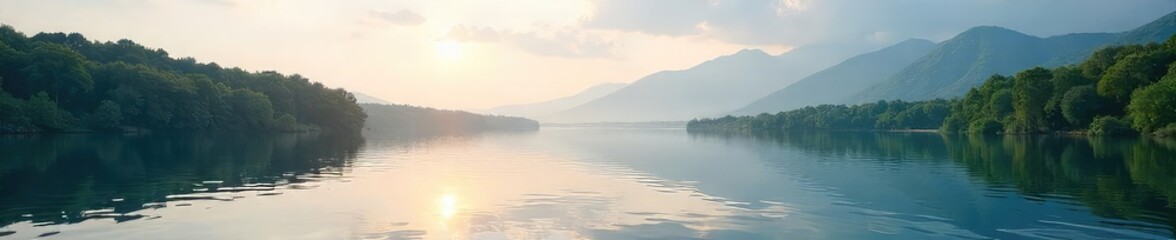 Fototapeta premium Serene lakeside scene, perfect for relaxation and leisure Calm water reflects the tranquil sky, ideal for a peaceful escape Enjoy the quiet beauty of nature , stillness, lake, yoga