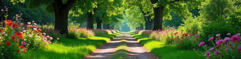 Fototapeta premium Serene lane lined with lush greenery, vibrant flowers, and mature trees casting dappled shade Perfect for idyllic, peaceful, nature imagery , meadow, path, bushes