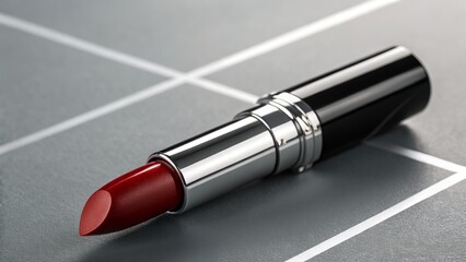 Vibrant Red Lipstick Luxurious Beauty Cosmetic Product on a Modern Grey Studio Background for