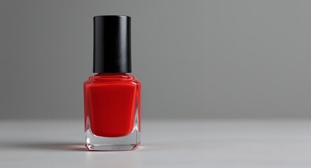 Vibrant Red Nail Polish Bottle with Black Cap on Neutral Grey Background Beauty Cosmetics Prod