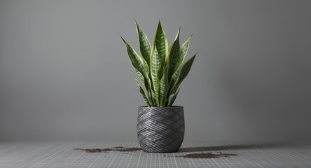 Vibrant Snake Plant in Textured Pot on Gray Surface with Scattered Soil  Minimalist Indoor Dec