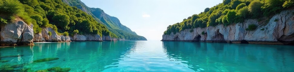 Obraz premium Tranquil turquoise lagoon in Europe, calm waters reflecting the sky, surrounded by lush greenery and dramatic cliffs Perfect for travel, nature, and vacation imagery , water, cliffs, calm