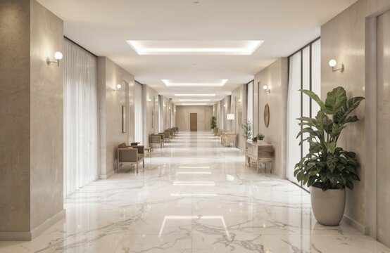 Modern office lobby corridor features reflective marble floors, minimalist furnishings. Simple lighting fixtures enhance elegant, fresh design. Long hallway with muted tones, clean lines creates