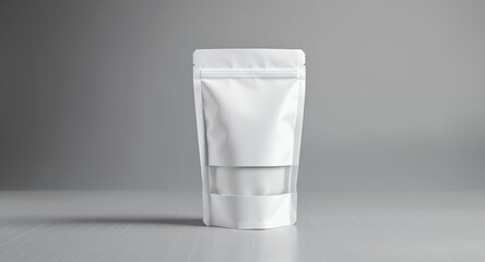 White Blank Stand Up Pouch Packaging Mockup with Transparent Window on Minimal Grey Background