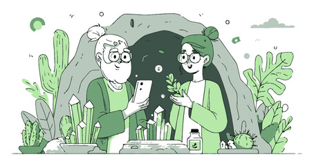 Obraz premium Friendly Characters Engaging in Nature Activities in a Cave Illustration