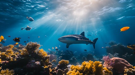 Fototapeta premium Whale Shark Swims Through Vibrant Coral Reef Ocean