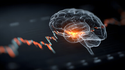 3D brain model overlaid on financial chart