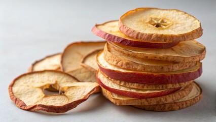 Macro of sliced dried apples stacked in uneven rings, rough textures visible in the peel