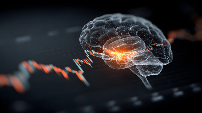 3D brain model overlaid on financial chart
