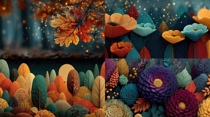 Collage of nature-inspired digital art in autumnal colors