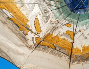 Distressed Beach Umbrella Interior View With Striped Pattern Against Blue Sky on Sunny Day