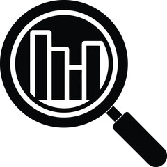 Black and white icon of a magnifying glass over a bar chart graph data
