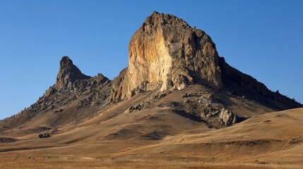 Fototapeta premium Rugged rock formations rise above a vast, dry landscape