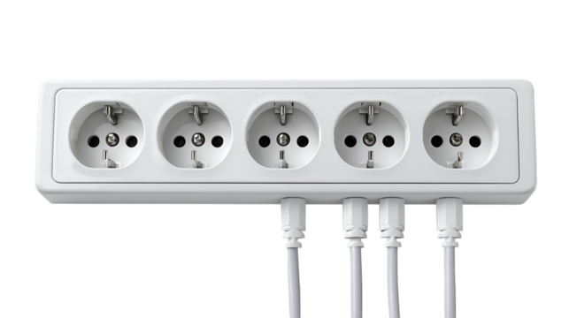 White power strip with five outlets and connected cables