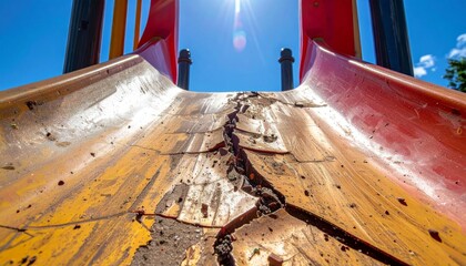 Low Angle View of a Sunny Playground Slide with Blue Sky in the Background on a Bright Day