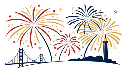 Golden gate bridge fireworks celebration independence day patriotic cityscape lighthouse vector graphic