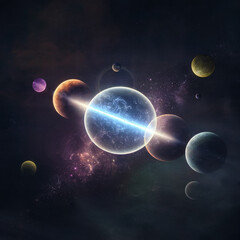Naklejka premium Abstract Celestial Alignment: Glowing Planets and Cosmic Energy in Dark Space