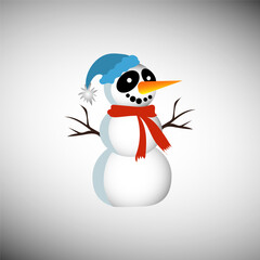 Angry snowman figure. Orange carrot nose. Black button eyes. Winter character Vector.