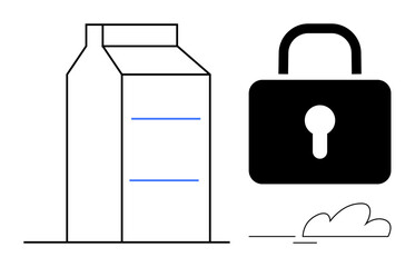 Milk carton beside a padlock with minimalist lines representing protection and preservation. Ideal for food safety, security, privacy, data protection, consumer trust, product integrity, awareness