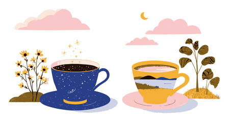 Artistic Illustration of Two Coffee Cups Surrounded by Nature Elements