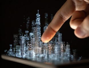 A hand interacts with a digital city on a tablet