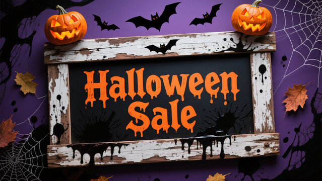 A spooky yet festive Halloween-themed sign with the text 'Halloween Sale' in bold, dripping orange letters outlined in black. Halloween, Halloween Costumes, Halloween Background, Happy Halloween - Powered by Adobe