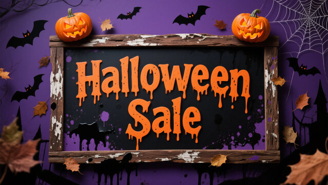 A spooky yet festive Halloween-themed sign with the text 'Halloween Sale' in bold, dripping orange letters outlined in black. Halloween, Halloween Costumes, Halloween Background, Happy Halloween - Powered by Adobe