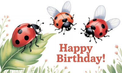 Happy Birthday with Cute Ladybugs and Flowers