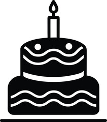 Black and white icon of a two tier birthday cake with a single lit candle celebration party