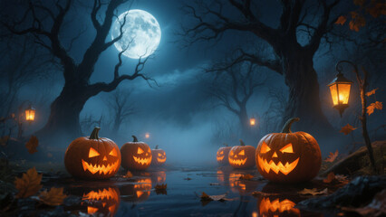 A silhouetted bare trees with gnarled branches and scattered autumn leaves frame the dark sky, creating an eerie yet magical atmosphere. Halloween, Halloween Costumes, Halloween Background