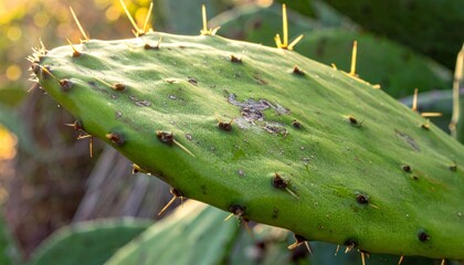 Close Up Prickly Pear Cactus Pad With Golden Sunlight in an Outdoor Setting