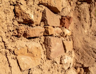 Fototapeta premium Close up of Brown Brick Wall with Varied Textures and Earthy Tones in Natural Sunlight