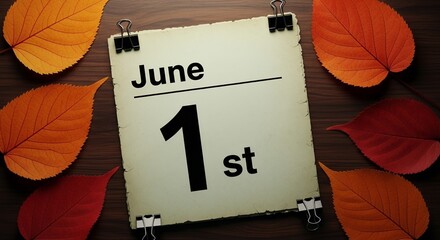June 1st Calendar Date with Autumn Leaves Background